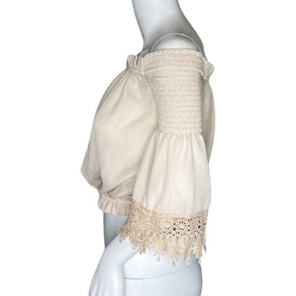 Revamped Shirt Womens XS Beige Bell Sleeve Lace Off The Shoulder Crop Neutral - Picture 3 of 7